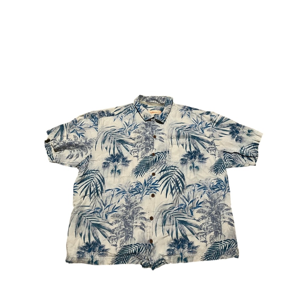 Tommy Bahama Mens XL Silk Camp Shirt Blue White Tropical Palm Tree Button Up